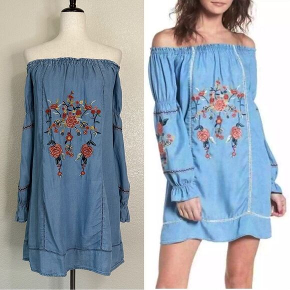 Socialite Dresses & Skirts - Socialite 100% Lyocell Chambray Embroidered Floral Flared Cuffs Dress, Sz Medium